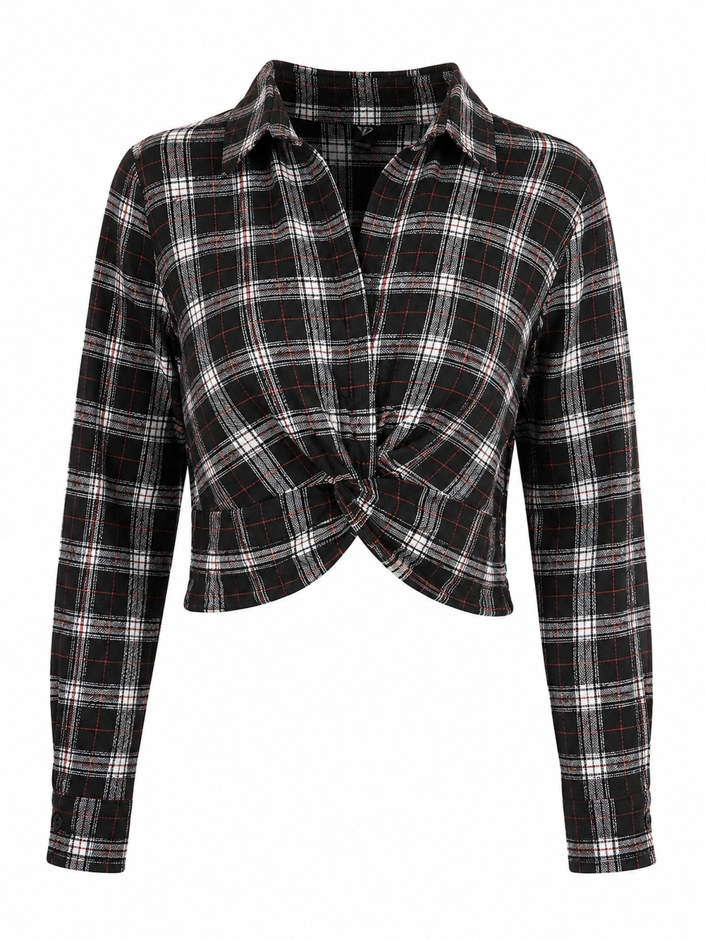 WINDSOR | Black Red Plaid Twist Front Cropped Button Down Long Sleeve Shirt | M